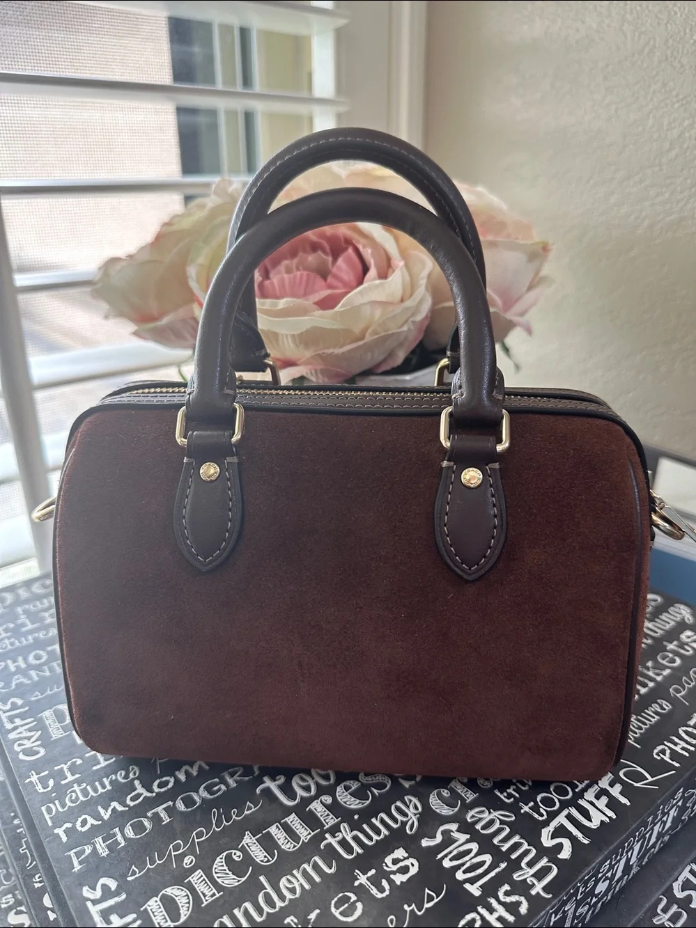 NWT Coach mini Rowan in vintage brown suede